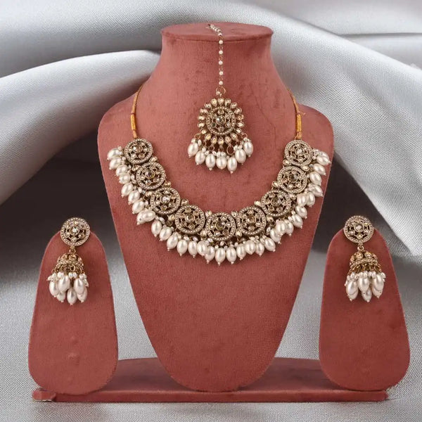 Antique-Style Pearl Drop Kundan Necklace Set with Maang Tikka - Traditional Indian Bridal Jewelry Collection - UB Jewellerys