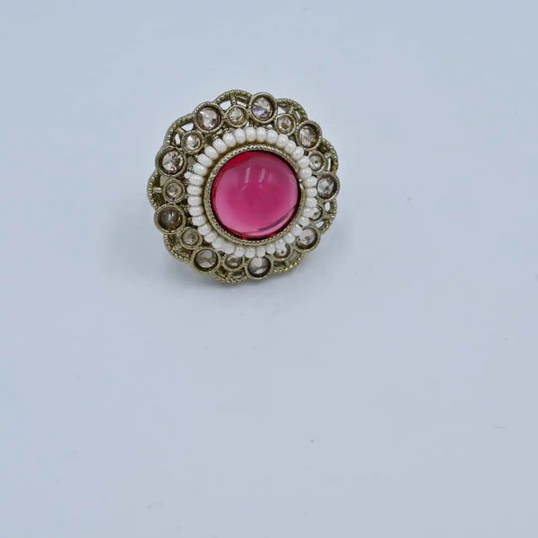 Antique Gold-Plated Pink Stone Statement Ring - UB Jewellerys