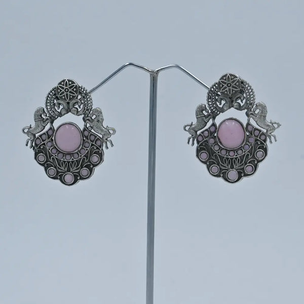 Antique Oxidized Earrings with Pink Stone and Horse Motif - UB Jewellerys