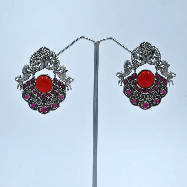 Antique Oxidized Earrings with Pink Stone and Horse Motif - UB Jewellerys