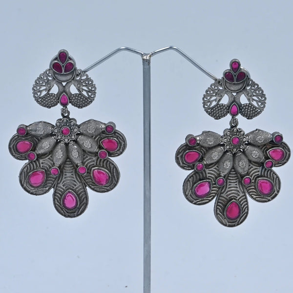 Antique Oxidized Peacock Earrings with Pink Stones - UB Jewellerys