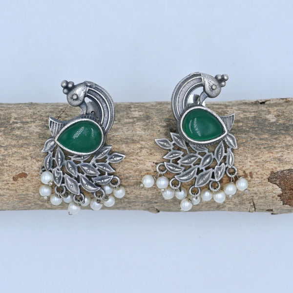 Antique Silver Peacock Earrings with Green Stone & Pearls - UB Jewellerys