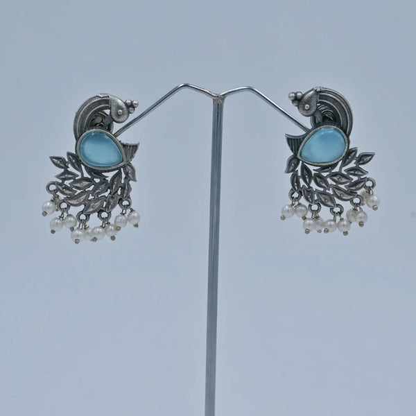 Antique Silver Peacock Earrings with Green Stone & Pearls - UB Jewellerys