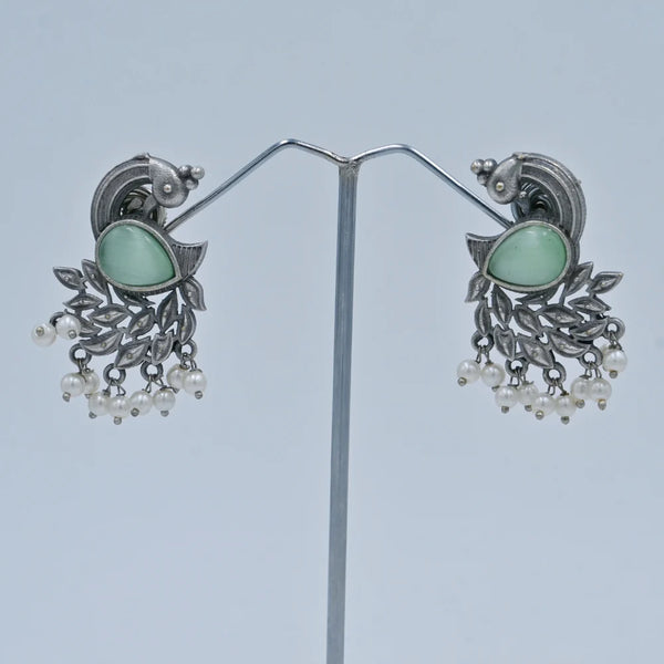 Antique Silver Peacock Earrings with Green Stone & Pearls - UB Jewellerys