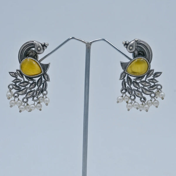 Antique Silver Peacock Earrings with Green Stone & Pearls - UB Jewellerys
