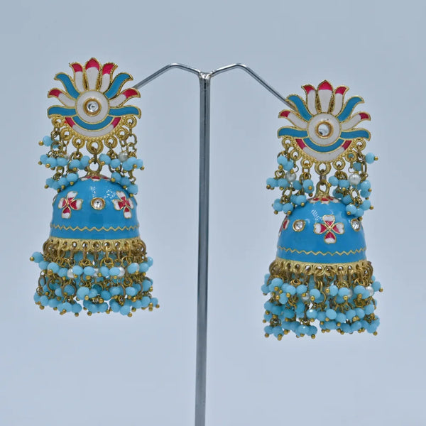 Blue Enamel Jhumka Earrings with Floral Design - UB Jewellerys