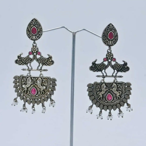 Elegant Antique Silver-Plated Earrings with Peacock & Lion Motif - UB Jewellerys