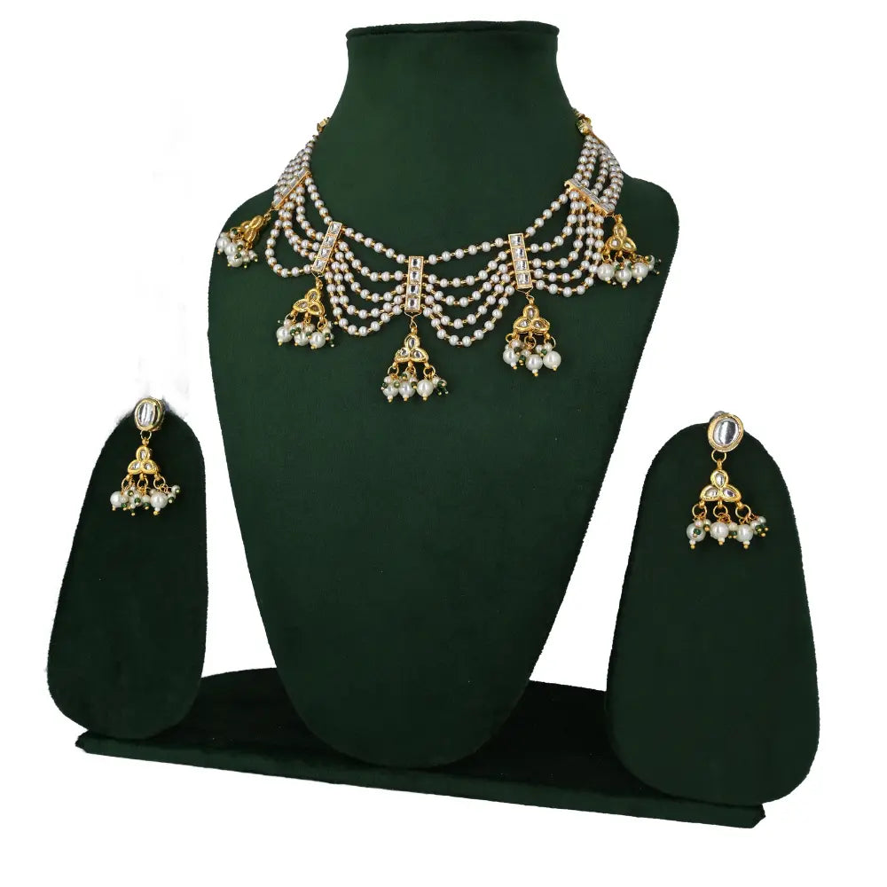 Elegant Multi-Layered Pearl & Kundan Necklace Set - UB Jewellerys