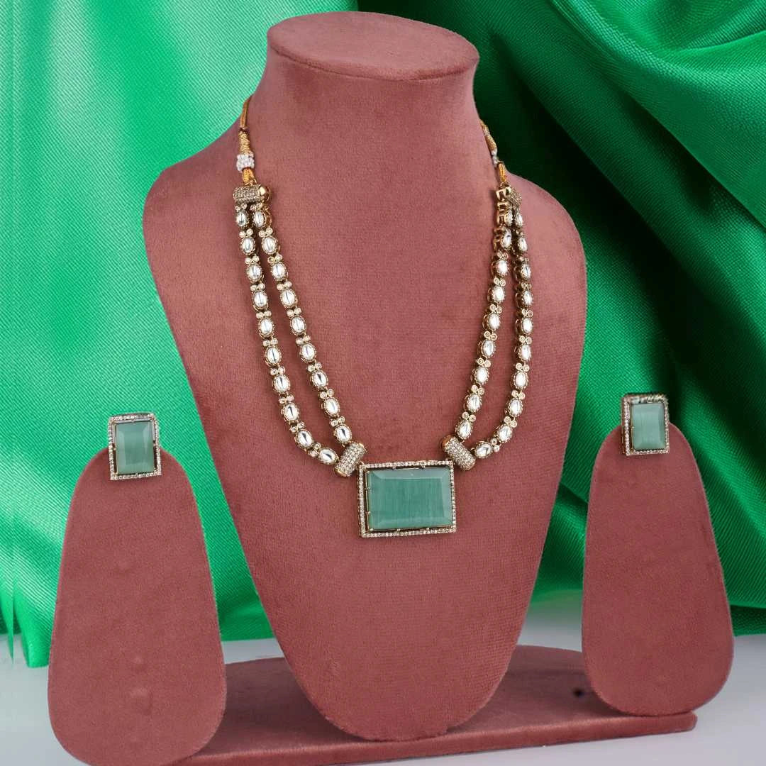 Elegant Mint Green Crystal Double-Strand Necklace Set with Matching Earrings - UB Jewellerys