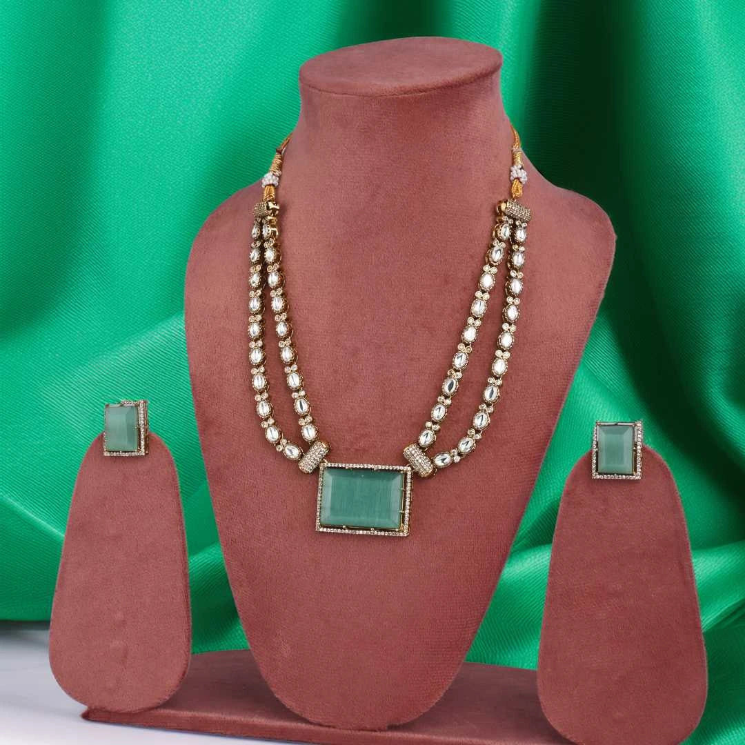 Elegant Mint Green Crystal Double-Strand Necklace Set with Matching Earrings - UB Jewellerys