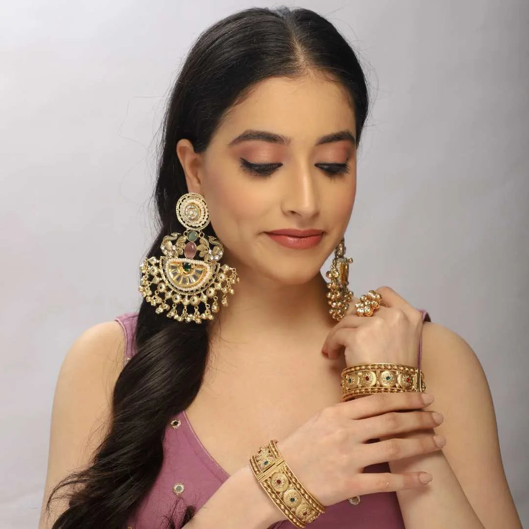 Gold-Toned Kundan Oversized Chandelier Earrings - UB Jewellerys