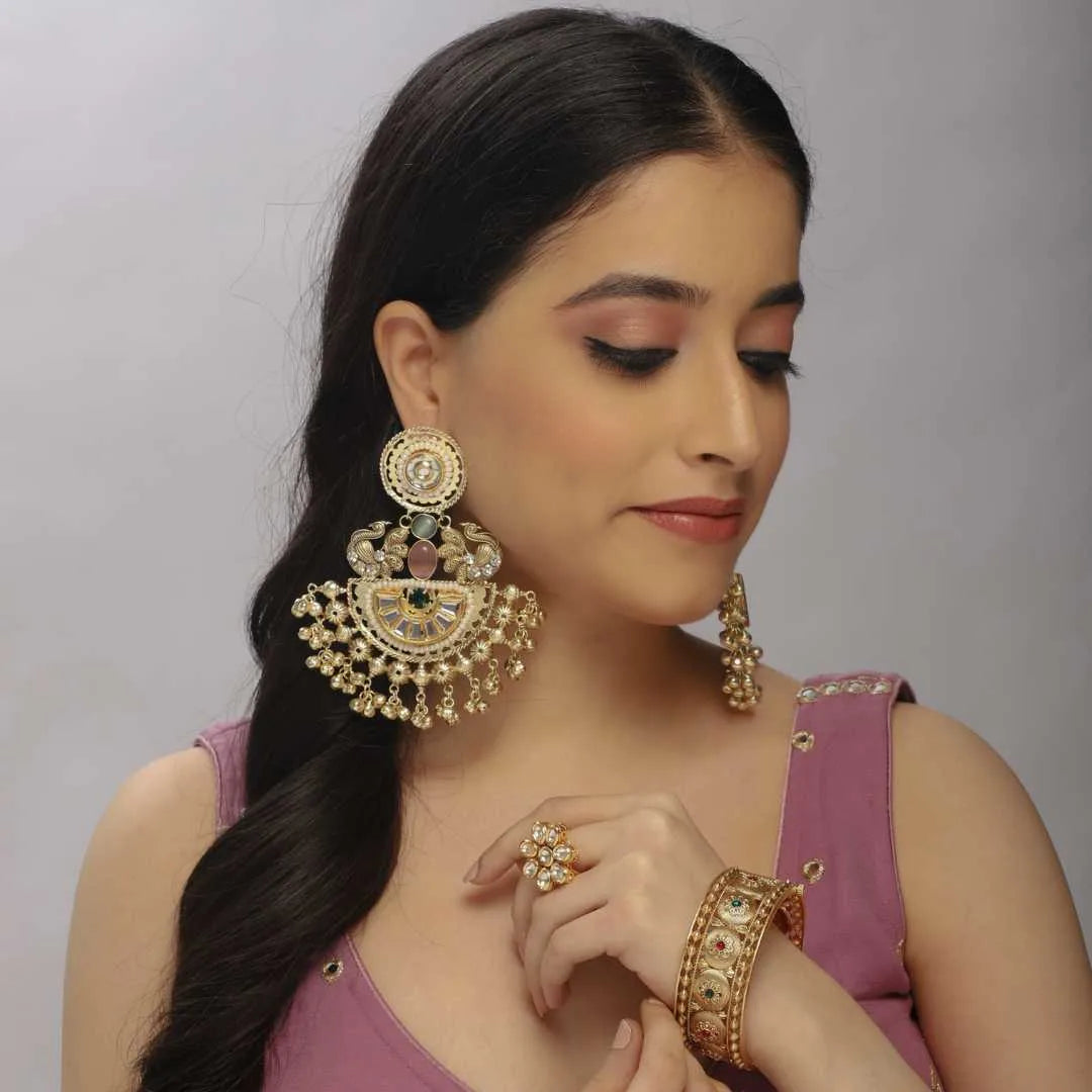Gold-Toned Kundan Oversized Chandelier Earrings - UB Jewellerys