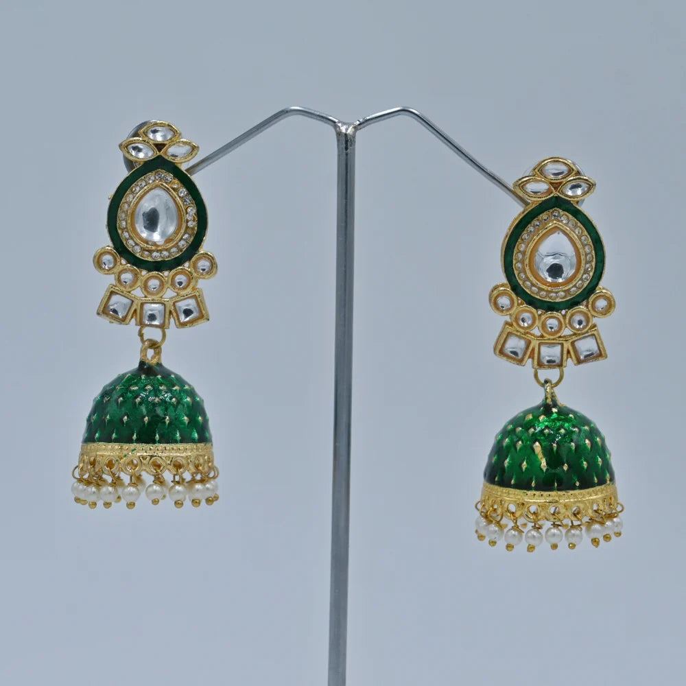 Green Enamel Jhumka Earrings with Kundan and Pearl Detailing - UB Jewellerys