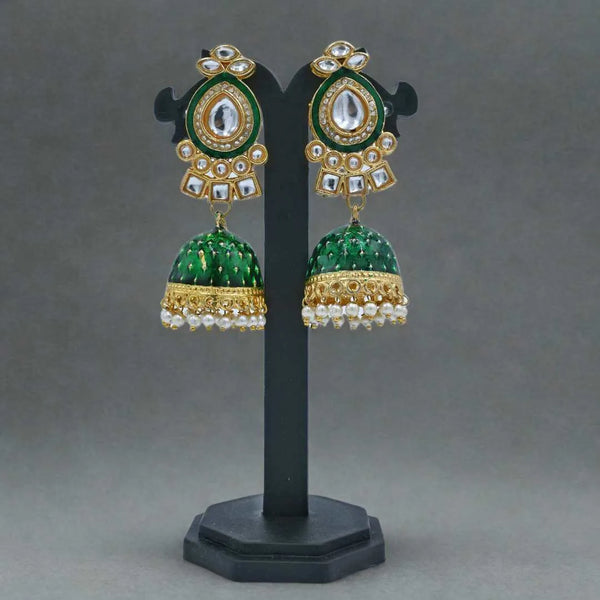 Green Enamel Jhumka Earrings with Kundan and Pearl Detailing - UB Jewellerys
