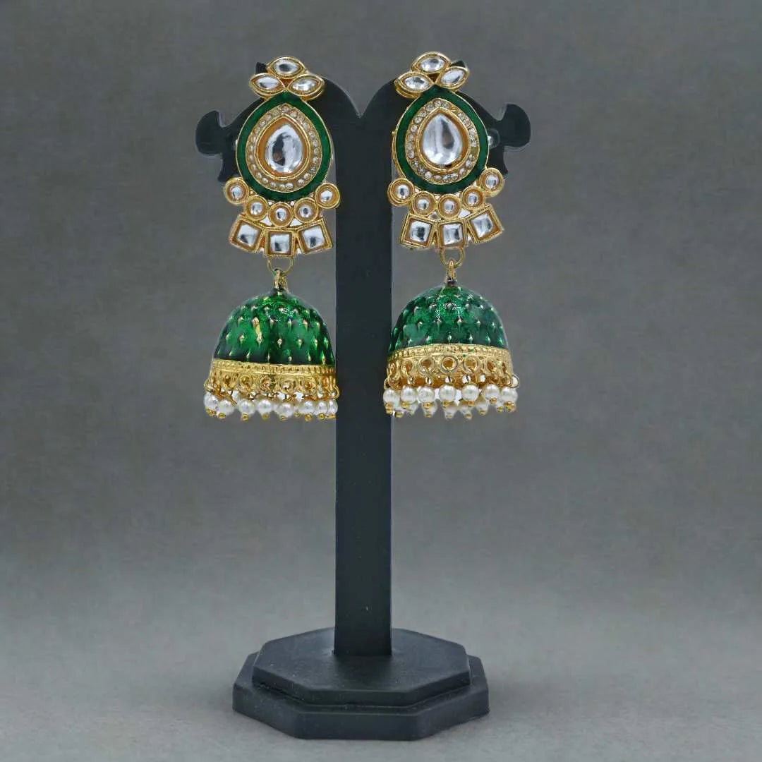 Green Enamel Jhumka Earrings with Kundan and Pearl Detailing - UB Jewellerys