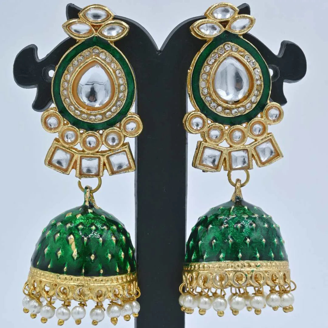 Green Enamel Jhumka Earrings with Kundan and Pearl Detailing - UB Jewellerys