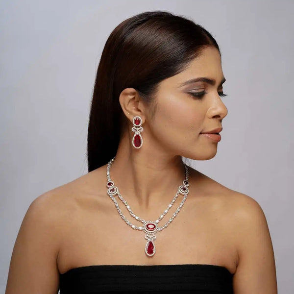Rhodium-Plated Ruby and Zircon Bridal Necklace Set - UB Jewellerys