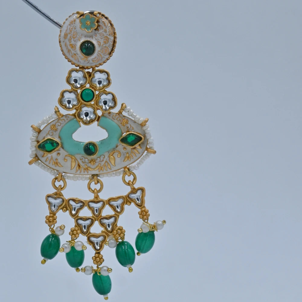 Royal Green & White Kundan Chandbali Earrings – Traditional Imitation Jewellery - UB Jewellerys