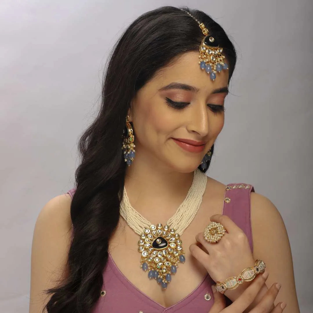Royal Kundan & Blue Bead Necklace Set with Statement Earrings – Bridal Elegance - UB Jewellerys