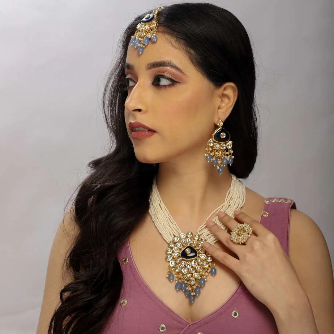 Royal Kundan & Blue Bead Necklace Set with Statement Earrings – Bridal Elegance - UB Jewellerys