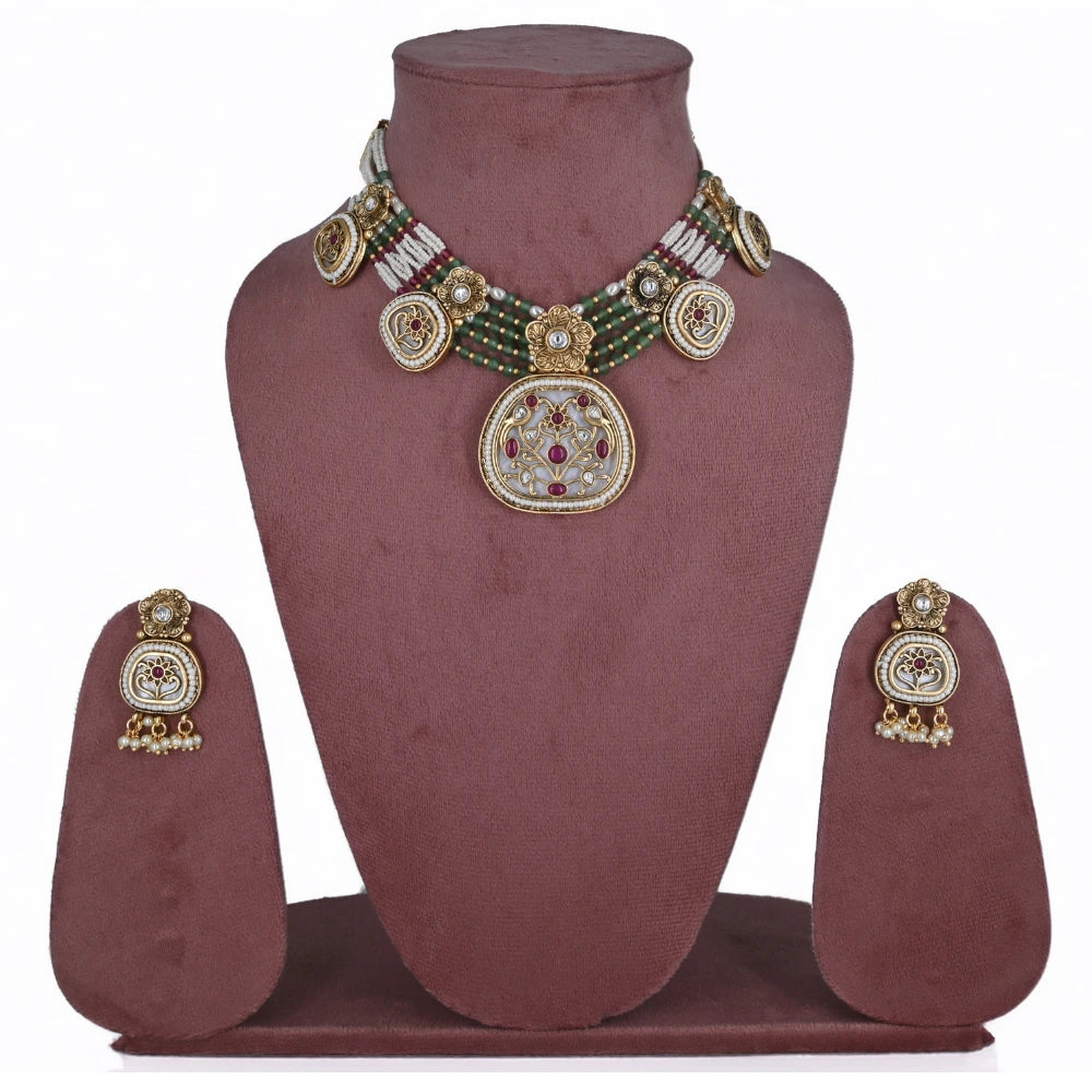 Traditional Imitation Kundan Choker Necklace Set with Multi-Color Beads - UB Jewellerys