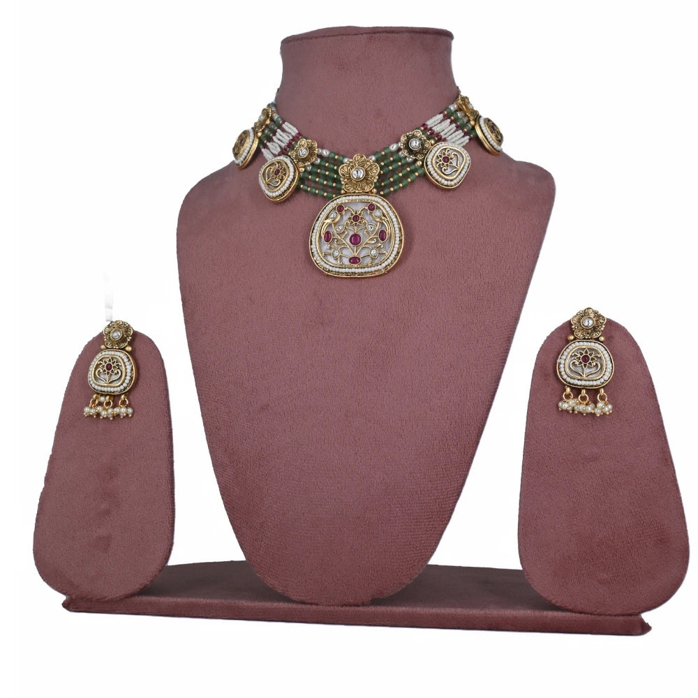 Traditional Imitation Kundan Choker Necklace Set with Multi-Color Beads - UB Jewellerys