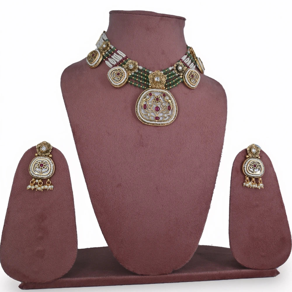 Traditional Imitation Kundan Choker Necklace Set with Multi-Color Beads - UB Jewellerys
