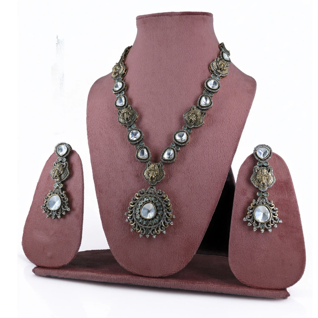 Victorian style statement Jaguar Uncut Polki necklace with light green stones and Kundan and PolkiAmerican Matching drop Earrings - UB Jewellerys