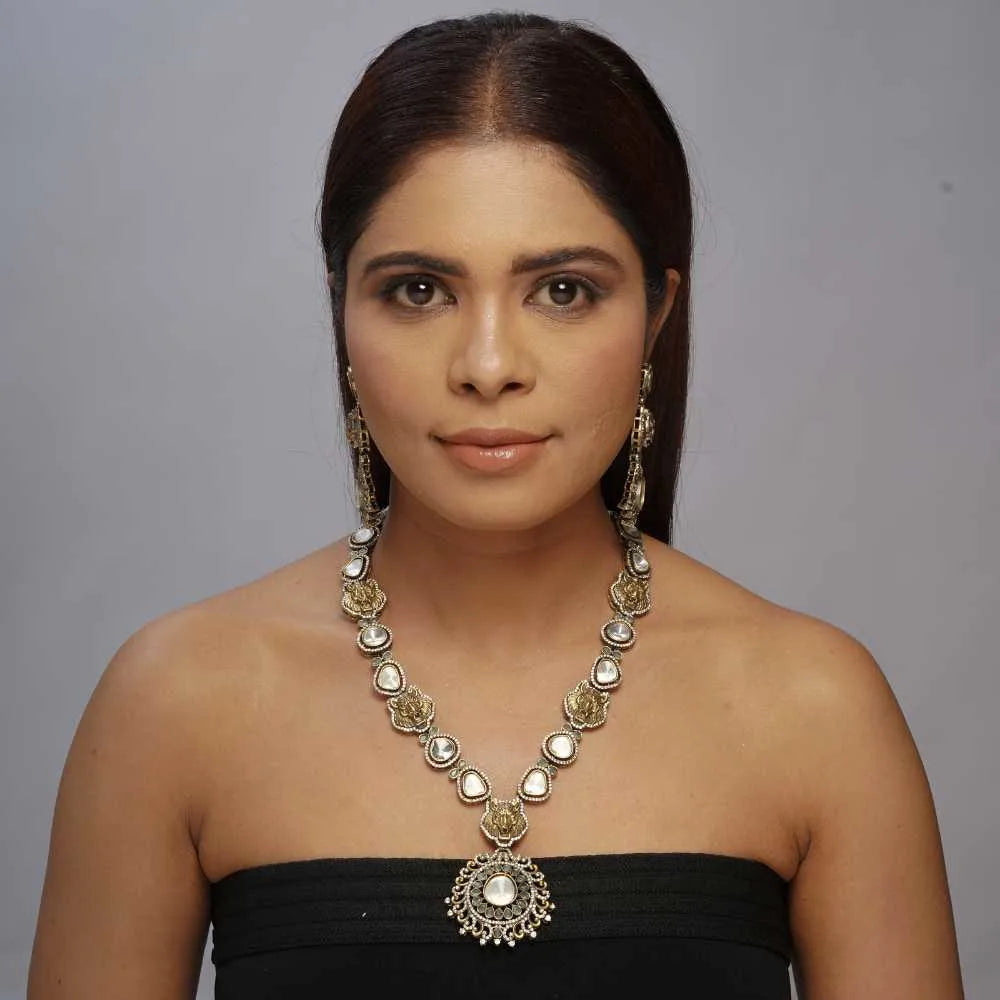 Victorian style statement Jaguar Uncut Polki necklace with light green stones and Kundan and PolkiAmerican Matching drop Earrings - UB Jewellerys