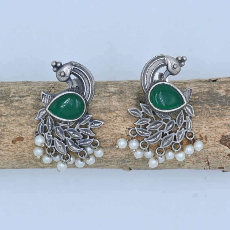 Antique Silver Peacock Earrings with Green Stone & Pearls - UB Jewellerys 