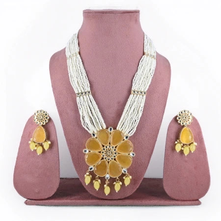 Elegant Multi-Strand Pearl Necklace Set with yellow Floral Pendant and Matching Earrings - UB Jewellerys 
