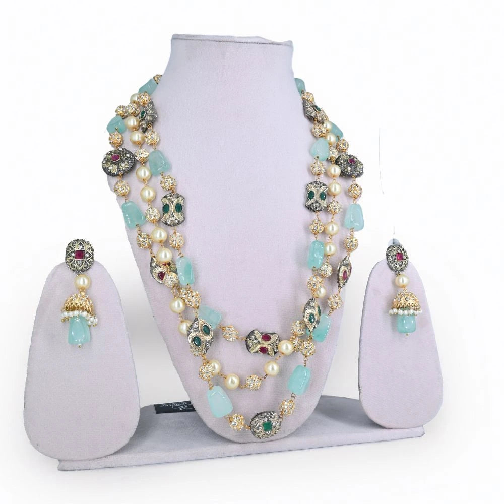 Elegant Mint Green & Pearl Multi-Layered Kundan Necklace Set - UB Jewellerys 