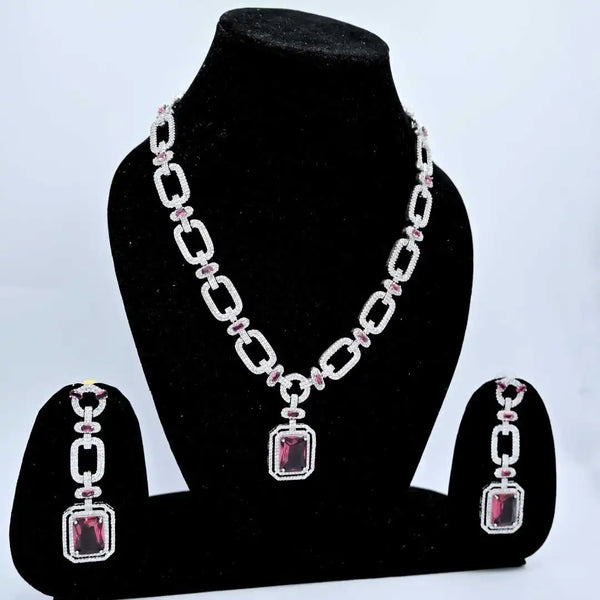 Elegant Ruby Red and American diamond Necklace and Earring Set - UB Jewellerys 