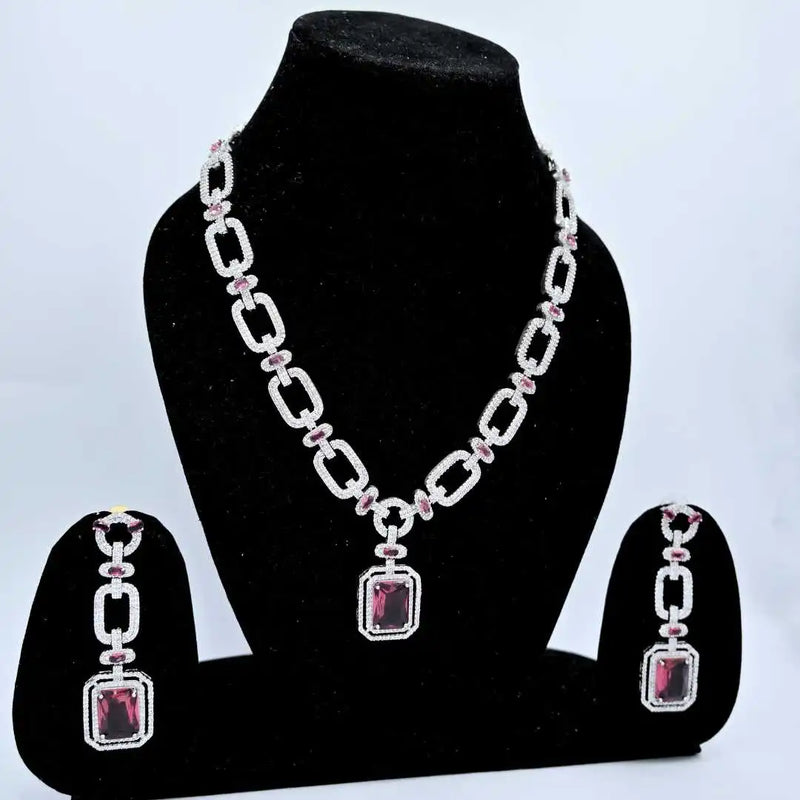 Elegant Ruby Red and American diamond Necklace and Earring Set - UB Jewellerys 