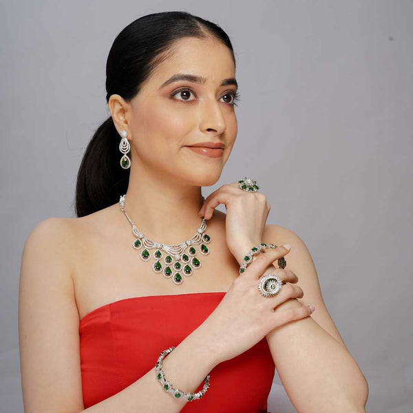 Imitation emerald and American diamond imitation necklace with earrings - UB Jewellerys 