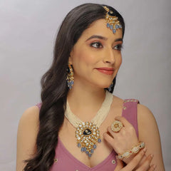 Royal Kundan & Blue Bead Necklace Set with Statement Earrings – Bridal Elegance - UB Jewellerys 