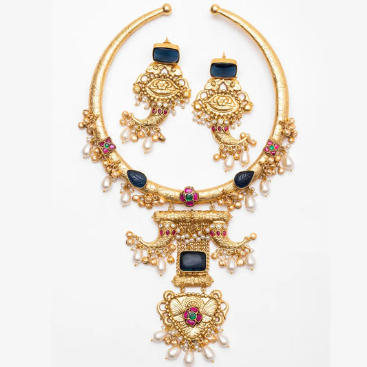 Traditional Hasli Style Brass Necklace with Semi-Precious Stones & Ghungroo Beads - UB Jewellerys 