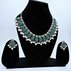 Traditional Green Stone Oxidized Necklace and Earring Set - UB Jewellerys 