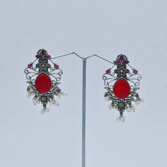 Traditional Silver-Plated Earrings with Red Stone and Pearl Drops - UB Jewellerys 